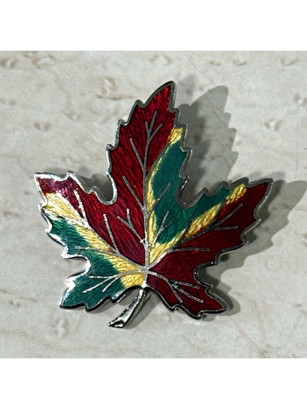 Vintage Sterling Silver Enamel Maple Leaf Brooch Pin Red Green Yellow 17g